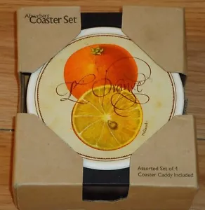 ORANGES Fruit stoneware Coaster Set w/wood caddy set of 4 in package NEW - Picture 1 of 2