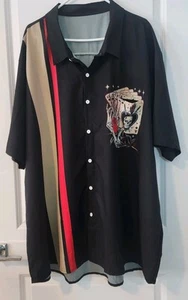 Mens Blk Button Up Gothic Style Shirt W/Red Tan Stripe Royal Flush On Pocket 5XL - Picture 1 of 6