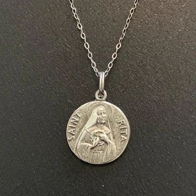 Collar Colgante Medalla Santa Rita Plata Esterlina Vintage Cadena 19" Católica Foto 1 de 4