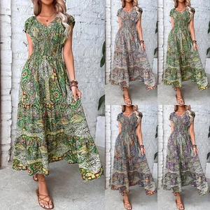 UK Womens Summer Long Dress Beach Holiday PRINT V Neck Stretch Dresses Plus Size - Picture 1 of 13