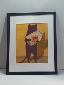 Gerahmter "Katzendieb" Druck schwarze Katze Fisch Spaß Wandkunst 12"x16" - Bild 1 von 2