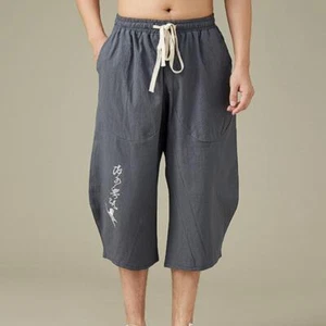 Vintage Men Linen Cotton Embroidery Capri Harem Pants Loose Drawstring Oversize - Picture 1 of 15