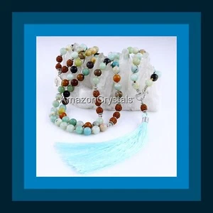AMAZONITE JAPA MALA, 8MM Knotted AMAZONITE Mala Necklace With Bodhi Beads - Picture 1 of 7