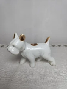 Vtg Japan Miniature Porcelain Figurine Terrier Schnauzer Dog White & Brown 2" H - Picture 1 of 7