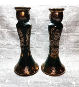VTG 2 Andrea By Sadek Pine & Gold Ornate Candlestick Holders Ceramic 10.5" Tall - Picture 1 of 7