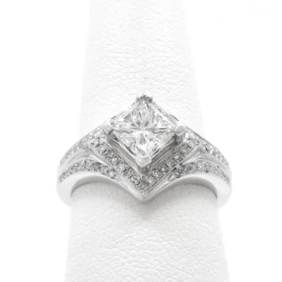 14k White Gold Engagement Ring Setting With Natural Princess Cut Diamond Center - Image 1 of 4