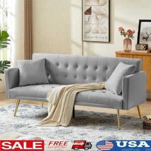 Convertible Futon Sofa Bed W/ Adjustable Backrest & Pillows Velvet Gray Gold New - Picture 1 of 7