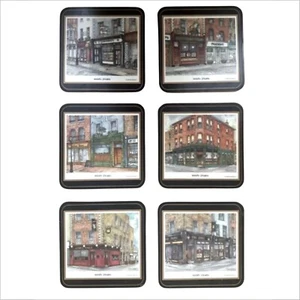 PIMPERNEL Roisin O’shea IRISH PUBS vntg cork backed coaster 4”x 4” (set of 6) - Picture 1 of 8
