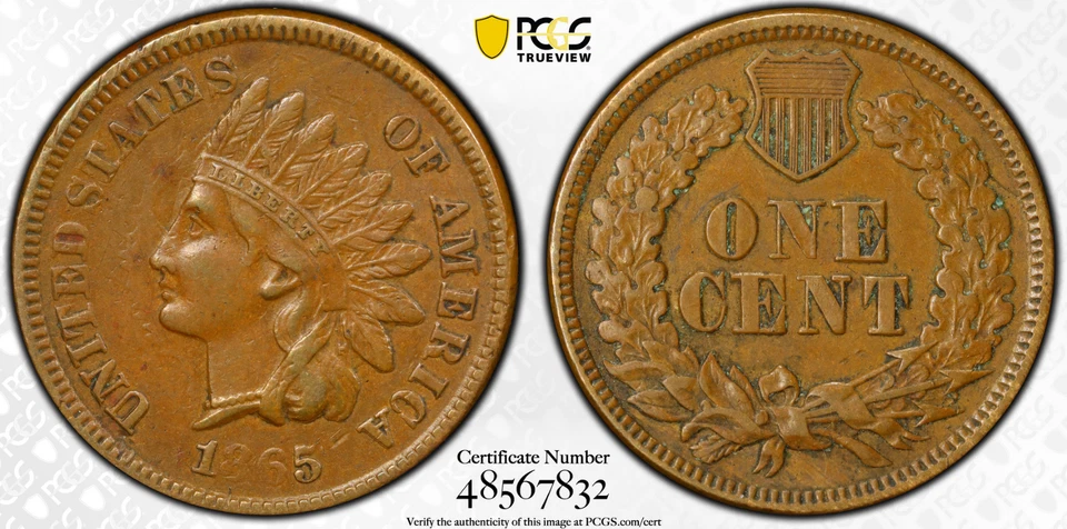 1865 P Fancy 5 Struck Through Indian Head Cent PCGS XF 45 (Observe Die Clash?) - Image 1 of 4