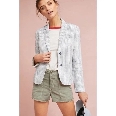 Anthropologie CARTONNIER Linen Stripe Blazer Blue White Academia Preppy Size 6 - Image 1 of 4