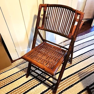 Vintage Tortoise Shell Bamboo Folding Chair Rattan Wood Burnt Finish Gorgeous! - Picture 1 of 18