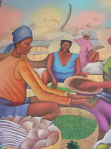 Impresionante escena de mercado vintage del artista haitiano Fontaine - Imagen 1 de 5