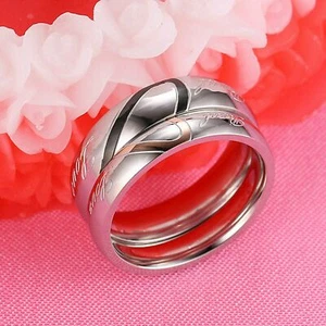 Anillo de compromiso de acero inoxidable "amor real" corazón parejas promesa alianza de boda - Imagen 1 de 11