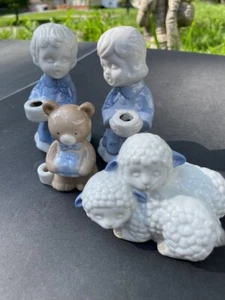 Blue and White Figurines Candle Holders Boy and Girl Bear and Sheep - Picture 1 of 7