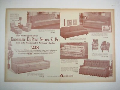 Vintage Kroehler Sofa Advertisement 1950s DuPont Nylon Ze Pel 75th 2 Page AD Pri - Image 1 of 2