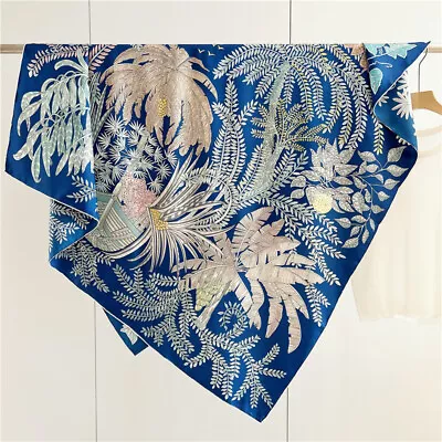 Flowers Print Pure Twill Silk Wrap Scarf Bandana Large Square Shawl Kerchief 53" - Image 1 of 4