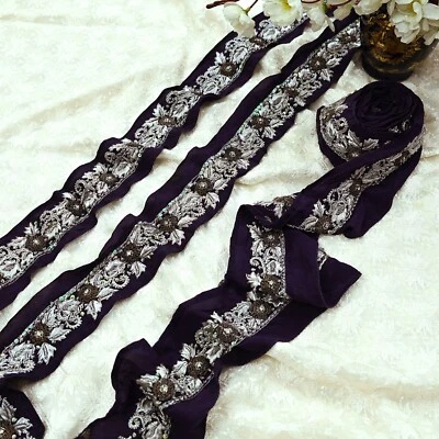Cinta de coser vintage de encaje con borde de sari púrpura bordado a mano 1ydCraft Foto 1 de 4