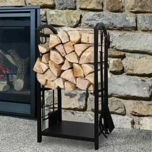 Firewood Log Rack Tool Set Large Fireplace Firewood Holder Metal Shelf Stand - Picture 1 of 24