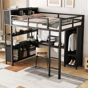 Full Size Loft Bed with L-shaped Desk,Wardrobe & Storage Shelf for Teens Adults - Picture 1 of 14