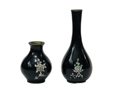 Японский китайский? Миниатюрная пара черных лакированных деревянных/перламутровых ваз - Изображение 1 из 3
