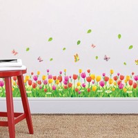 Tulip Flowers Grass Butterflies Wall Foot Stickers Home Mural Window Decor UK