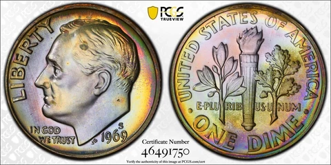 PR68 1969-S 10C Roosevelt Proof Dime, PCGS Secure- Rainbow Album Toned Cover
