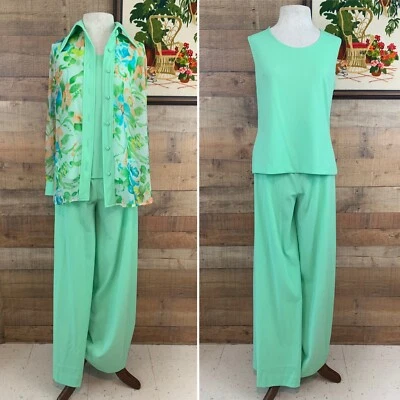 Conjunto de 3 Pantalones Poliéster Vintage Años 70 MOD Floral Boho Talla Mediana Foto 1 de 4
