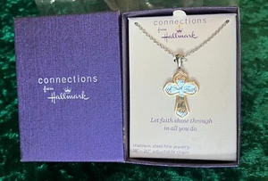 Connections Hallmark Mirrored Faith Cross Pendant Necklace, Stainless Steel, New - Picture 1 of 21