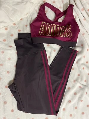 Adidas Womens XS Sports Bra and Small Leggings Set Purple/Grape/Green - Image 1 of 4