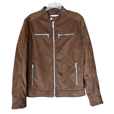 Zara Man Faux Suede Moto Jacket Brown Size M Men’s Biker Style Zip Pockets - Image 1 of 4