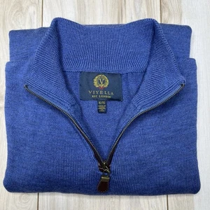 Viyella 1/4 Zip Pullover Merino Wool Knit Sweater Mens Size XL Blue Leather Trim - Picture 1 of 11