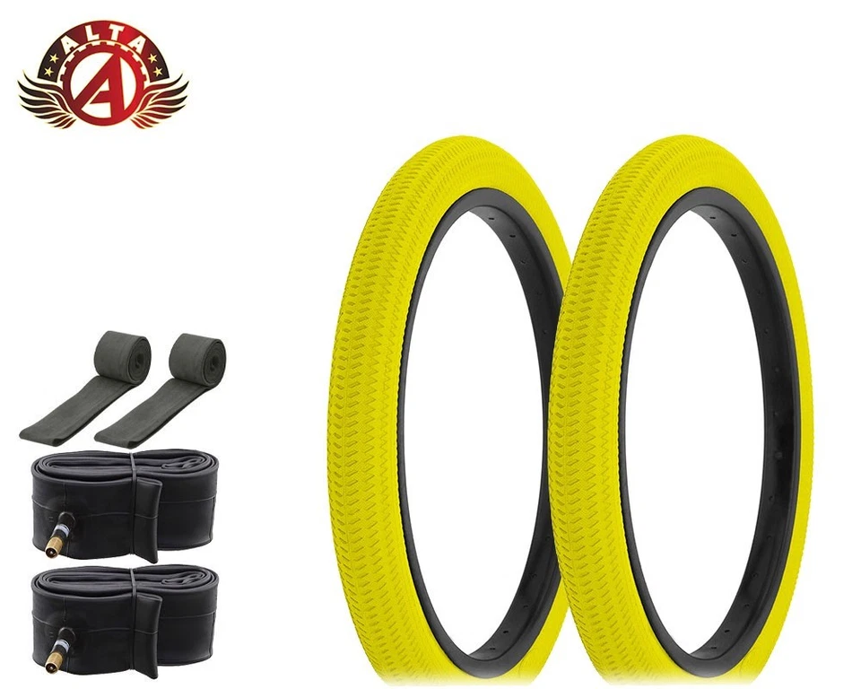 2 NEUMÁTICO DE CUENTAS DE ALAMBRE DE BICICLETA ALTA 18" X 1,95 BANDA DE RODADURA AMARILLA BMX CON TUBOS Y TIRAS DE LLANTA. Foto 1 de 1