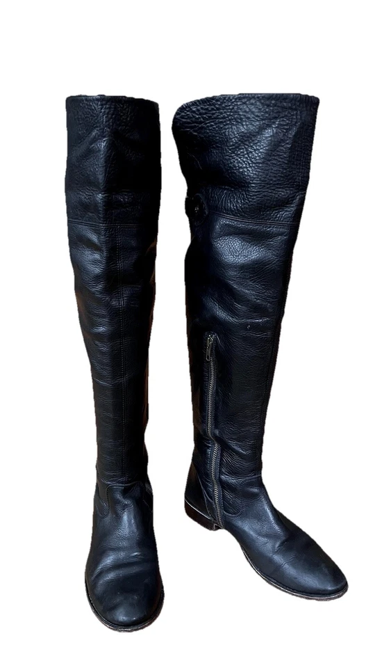 Botas piratas FRYE Shirley couro preto alto andar acima do joelho punho OTK 9 B - Imagem 1 de 4