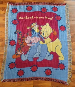Vtg Disney Winnie The Pooh Woven Throw Blanket Piglet Tigger Eeyore Hundred Acre - Picture 1 of 5