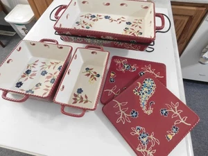 RARE VILLEROY & BOCH 6 PC CASSEROLE DISH SET WARMING RACK HOT PADS RED FLORAL - Picture 1 of 22