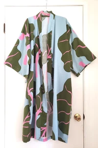 IKEA MARIMEKKO Bastua Kimono Robe Bathrobe Rhubarb Leaf Blue Green Pink L/XL - Picture 1 of 5