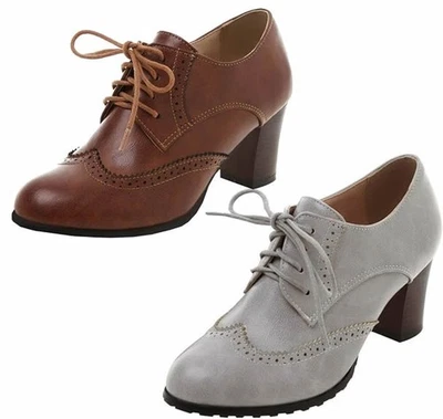 MISSUIT Damen Blockabsatz High Heels Pumps Schnürhalbschuhe Retro Vintage Schuhe