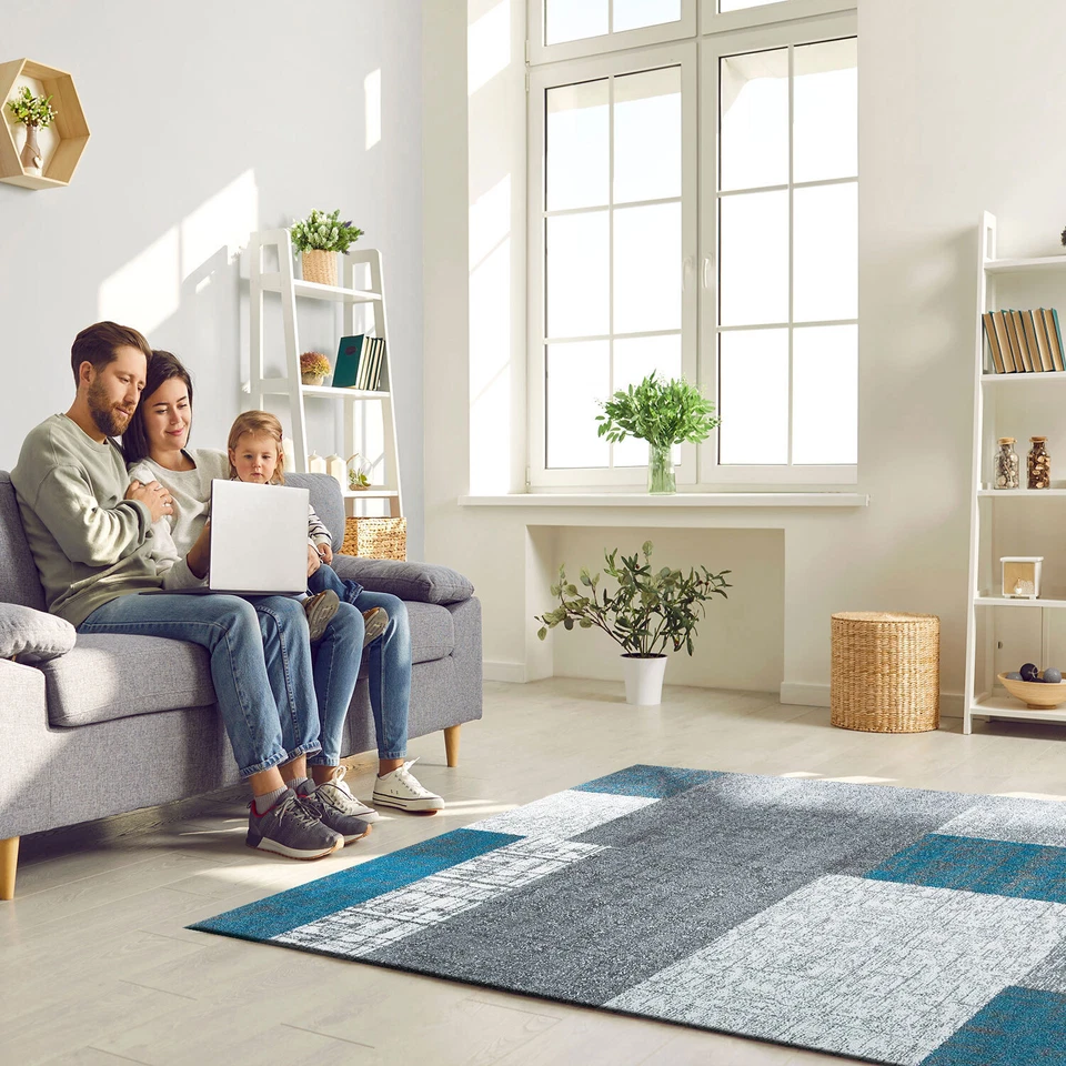 Moderne Design Tapis En Turquoise, Gris Et Blanc Avec Tuile Look à Poils Ras Neu - Photo 1/1