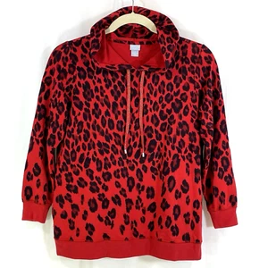 Chico's Zenergy Size 2 Hoodie Sweatshirt Pullover Red Animal Print Womens L 12 - Picture 1 of 16