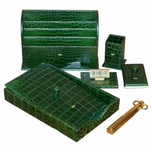 COUNT OWNED £17,000 ASPREY 24CT GOLD GREEN CROCODILE LEATHER 7 PIECE DESK SET - Picture 1 of 12