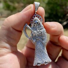 Real 925 Sterling Silver La Santa Muerte Grim Reaper Iced Flooded Out CZ Pendant
