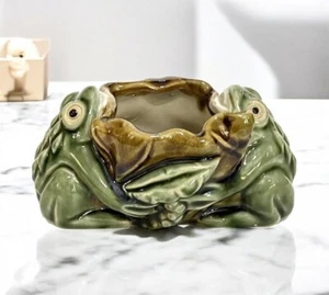 Vintage Majolica Frog Art Pottery Planter Ashtray Water Lily Green - Picture 1 of 7