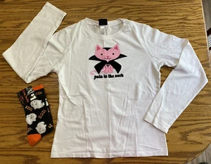 Halloween Pink Vampire Cat "Pain in the Neck" Top Shirt Girls Sz 14/16 - Picture 1 of 8