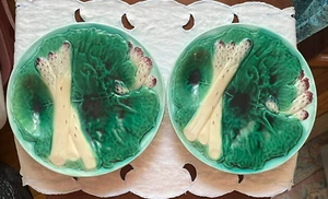 ANTIQUE PAIR NUMBERED FRENCH MAJOLICA ASPARAGUS ARTICHOKE PLATES WITH WELLS EC - Picture 1 of 16