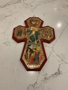 VINTAGE MIRACLES DEVOTIONAL WOODEN WALL CROSS MADE IN ITALY 9” X 6.5” - Picture 1 of 4