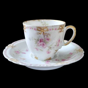 Antica tazza da tè e piattino Théodore Haviland Limoges France - fiocchi oro rosa rose - Foto 1 di 12