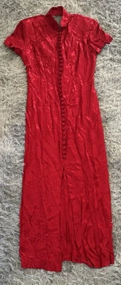 Vntg Roberta Red Asian Inspired Long Red Dress ShortSleeve Built In ShoulderPads - Image 1 of 4