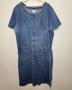 Vintage Denim Maxi Dress Medium Jean Chore Pockets Button Up Prairie Country M - Picture 1 of 5