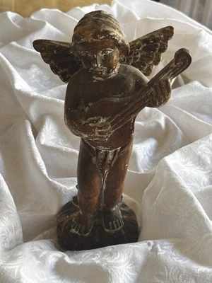 Antiguo querubín/putto de madera tallada a mano - ángel - 12" de alto, con alas y mandolina Foto 1 de 4