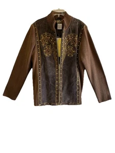 Vtg Bob Mackie Wearable Art Jacket Womens L Brown Leather Embroidered Zip *NWT* - Picture 1 of 9